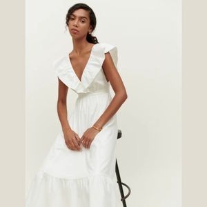 Reformation Reina Dress in White Ivory Ruffle V Neck